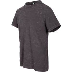 A unisex stone wash T-shirt in a dark grey colour with a round neckline and short sleeves. It features a logo.