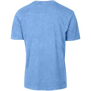 A blue stone wash T-shirt with a crew neck and short sleeves, featuring a plain back and a logo.