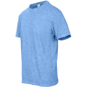 A light blue stone wash T-shirt with a round neckline and short sleeves. The shirt features a logo on the label.