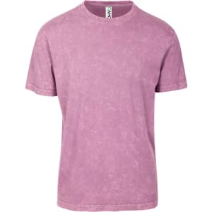 A unisex stone wash T-shirt in a faded purple hue, featuring a logo on the label.