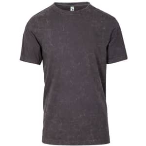 A stone wash black unisex T-shirt with a round neckline and short sleeves. It features a logo on the label.
