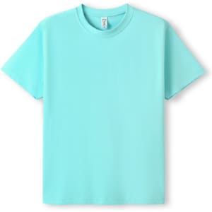 A turquoise modern fit unisex T-shirt with short sleeves and a simple design. It features a logo.