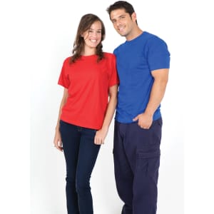 A red unisex modern fit t-shirt on a woman and a blue unisex modern fit t-shirt on a man, both smiling.