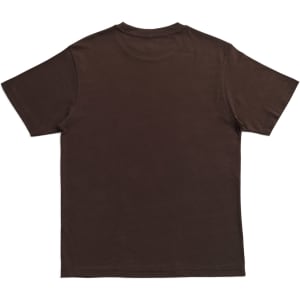 A brown unisex modern fit t-shirt with short sleeves and a plain back. It has a logo on the inside label.