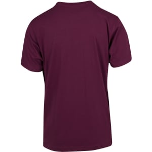 A maroon unisex modern fit T-shirt with a simple design and a logo on the back.