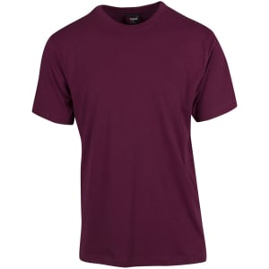 A maroon unisex modern fit tee with a simple design and a crew neck. It features a logo on the label.