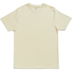 A light beige unisex modern fit tee with a crew neck and short sleeves, featuring a logo.