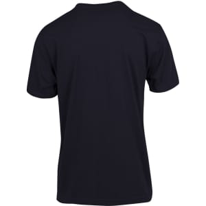 A black modern fit unisex T-shirt, showcasing the back design. Includes a logo on the fabric.