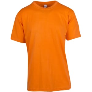 An orange unisex modern fit T-shirt with a crew neckline and short sleeves, featuring a logo.