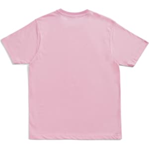A pink unisex modern fit T-shirt featuring short sleeves and a round neck, with a plain back and a logo.