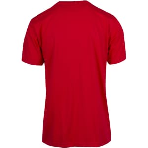 A red modern fit unisex t-shirt with a plain back and short sleeves, featuring a logo.