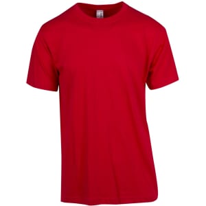 A red unisex modern fit tee with a round neckline and short sleeves. It features a logo on the label.
