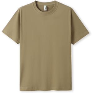 A khaki modern fit t-shirt with short sleeves and a crew neck, featuring a brand logo.