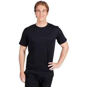 A black modern fit unisex T-shirt displayed on a model, showcasing a casual style. The shirt has a logo.
