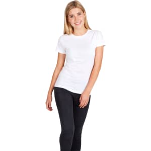 A blue women's modern fit T-shirt displayed on a model, paired with denim shorts. It features a logo.