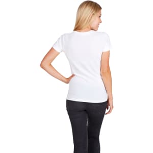 A black and a white women's modern fit T-shirt worn by models, featuring a logo on the shirts.