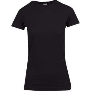 A black women's modern fit T-shirt with a slim silhouette and short sleeves. It features a logo on the garment.