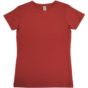 A red women's modern fit t-shirt with short sleeves and a round neckline, featuring a logo.
