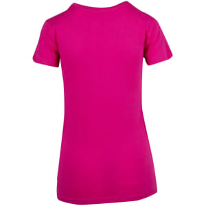 A women's modern fit T-shirt in bright pink, featuring a simple design and a logo. The back is plain.