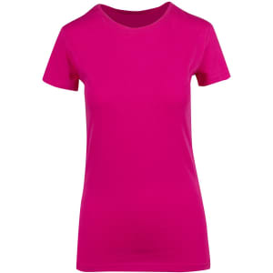 A women's modern fit T-shirt in vibrant pink, featuring short sleeves and a classic crew neck design.