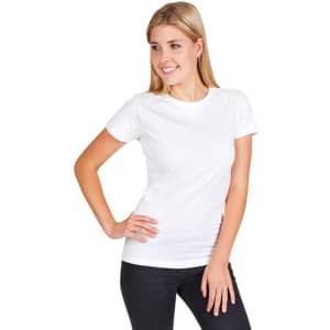 A white women's modern fit T-shirt displayed on a model with a casual pose and black jeans.