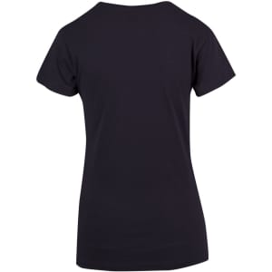 A black women's modern fit T-shirt with short sleeves and a simple design. Features a logo on the back.