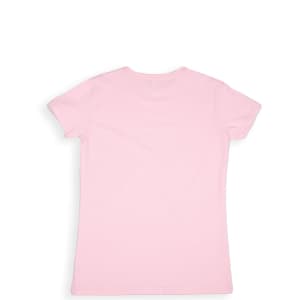 A women's modern fit T-shirt in a soft pink colour, featuring a simple design and a logo on the back.