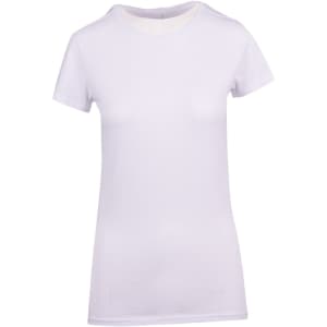 A women's modern fit t-shirt in white, featuring a simple design and a logo.