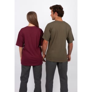 A maroon and olive green unisex regular T-shirt, featuring short sleeves and a logo on the back.