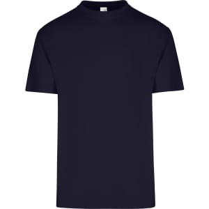 A navy blue unisex regular T-shirt with a round neckline and short sleeves, featuring a logo on the label.