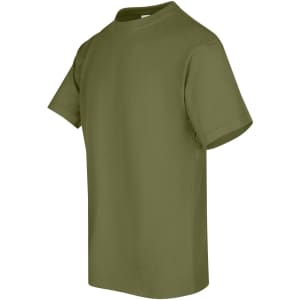 An olive green unisex regular T-shirt with short sleeves. The shirt has a plain design and includes a logo.