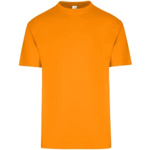 An orange unisex regular T-shirt with a crew neckline and short sleeves. It features a logo on the label.