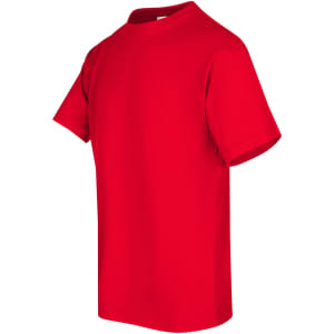 A red unisex regular T-shirt with short sleeves and a crew neck design, featuring a logo.