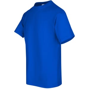 A blue unisex regular T-shirt with a standard crew neckline and short sleeves, featuring a logo on the front.