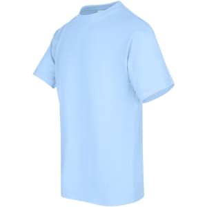 A light blue unisex t-shirt displayed from a side angle, featuring short sleeves and a round neckline.