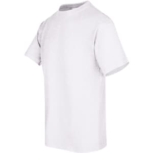 A white unisex regular T-shirt with short sleeves and a round neckline, featuring a small logo on the side.