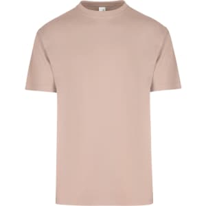 A beige regular t-shirt with short sleeves and a crew neck, featuring a small logo on the label.