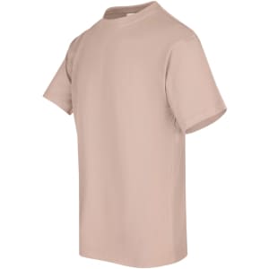 A beige unisex regular T-shirt with short sleeves and a round neck, featuring a logo.
