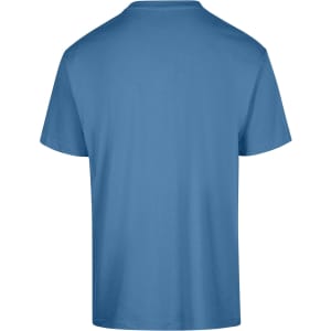 A blue unisex regular T-shirt featuring a simple design and a logo on the back.