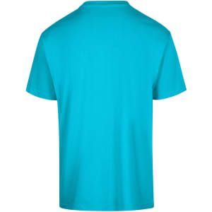A unisex regular T-shirt in a vibrant turquoise colour, featuring a simple design and a logo.