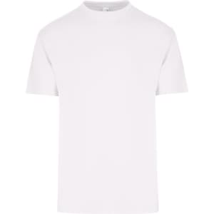 A plain white regular T-shirt with short sleeves and a round neckline. It features a logo on the label.