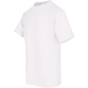 A white unisex regular T-shirt with short sleeves and a simple design. It features a logo on the side.