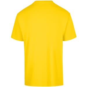 A yellow unisex regular t-shirt with a plain back and short sleeves, featuring a logo.