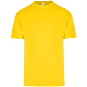 A vibrant yellow unisex regular T-shirt with a round neckline and short sleeves, featuring a logo.