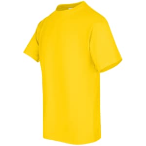 A yellow unisex regular T-shirt with a classic crew neckline and short sleeves. It features a logo.
