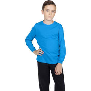 A blue long sleeve t-shirt displayed on a child, paired with black trousers. The shirt features a logo.