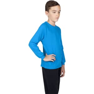A blue long sleeve T-shirt for kids, featuring a simple design and a logo on the chest.