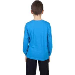 A long-sleeve T-shirt in bright blue, displayed from the back on a child. Features a simple design with a logo.