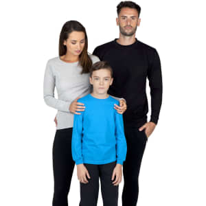 A black long sleeve t-shirt and a grey long sleeve t-shirt, featuring a young boy in a blue long sleeve t-shirt.