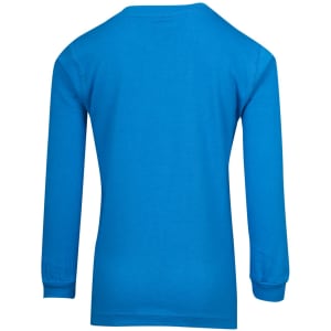 A blue long sleeve t-shirt for children with a plain design and a logo on the back.